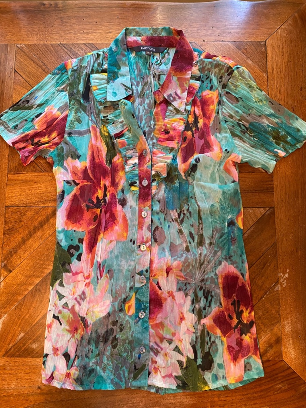 Y2K Teal Floral Button-Front Ruffle Shirt Blouse Size M Colourful Boho NWOT